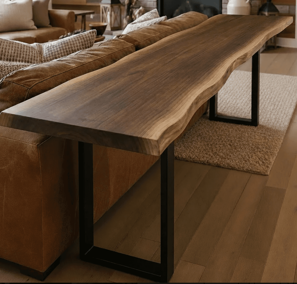 A contemporary bench featuring a live-edge walnut wood slab top and two black industrial-style U-sha… — 3D model