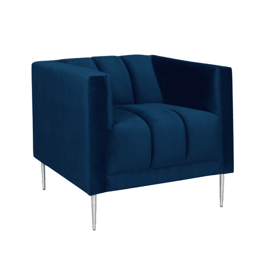 A modern accent armchair upholstered in deep navy blue velvet, featuring distinctive channel tufting… — 3D model