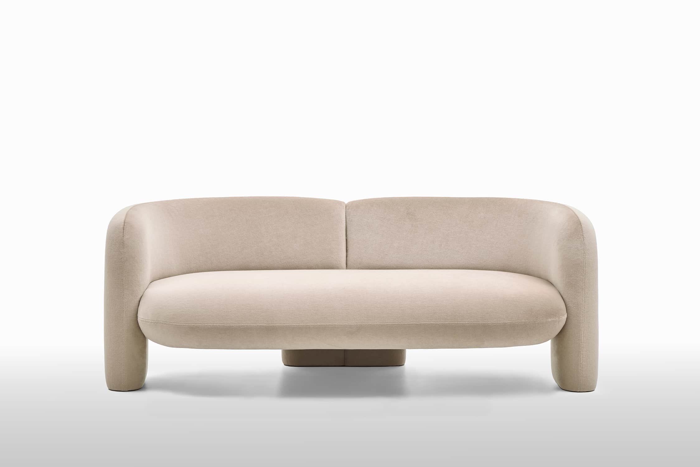 A contemporary loveseat upholstered in a light, neutral fabric, featuring a distinctive curved backr… — 3D model