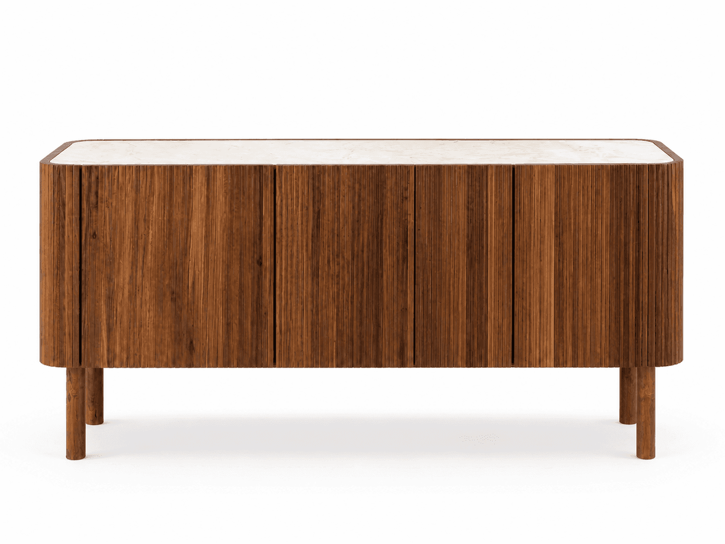 A wooden cabinet with a marble top and four legs. The cabinet doors have a fluted or slatted design,… — 3D model