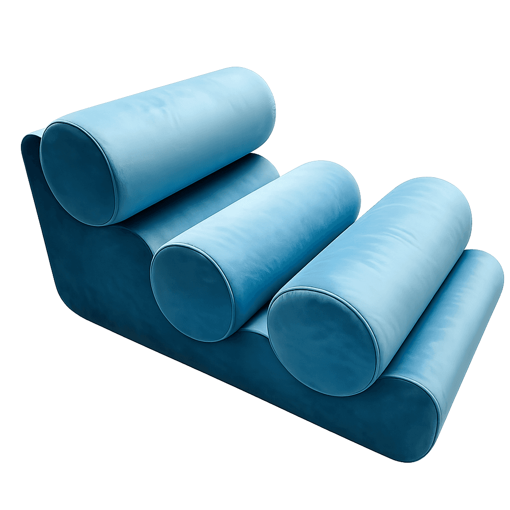 A modern, low-profile sofa featuring a unique design with four cylindrical bolster cushions integrat… — 3D model