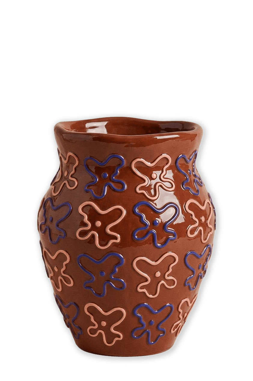 A brown, glazed ceramic vase featuring an irregular, organically shaped rim. Its surface is adorned… — 3D model