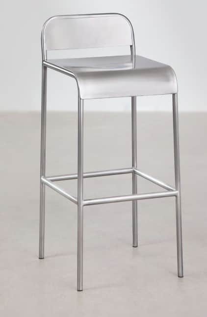 A modern bar stool constructed entirely from brushed metal. It features a curved, wrap-around seat a… — 3D model