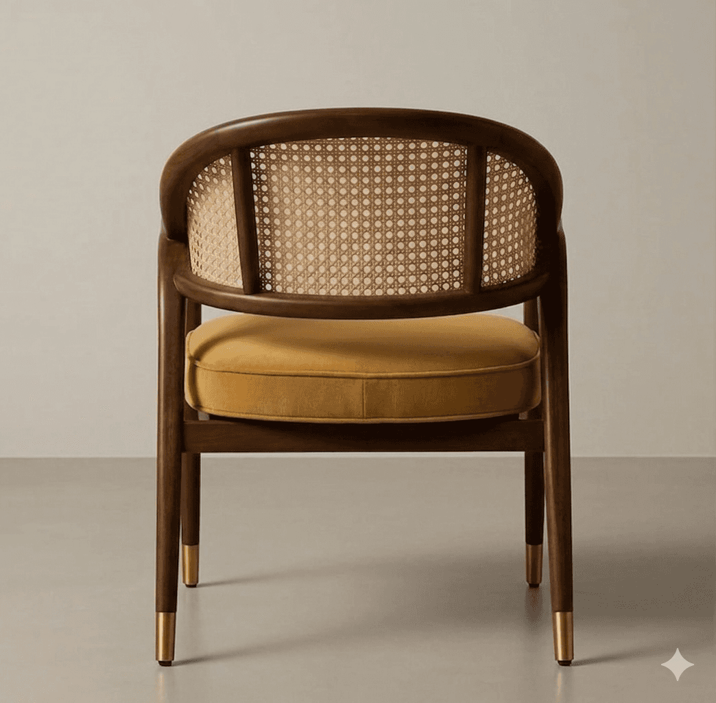 A wooden armchair with a curved backrest featuring cane webbing. The seat is upholstered with a must… — 3D model