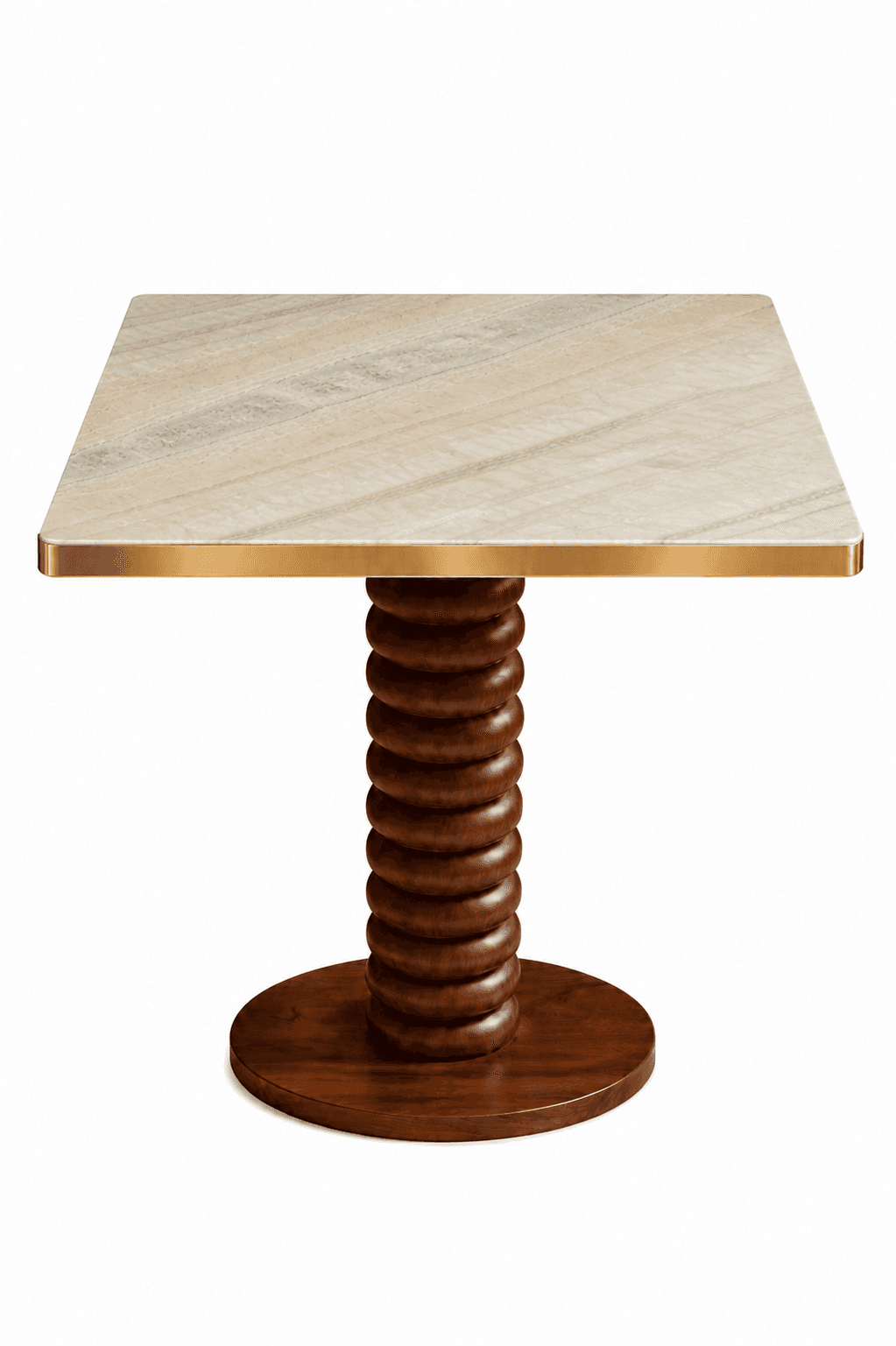 A square pedestal table featuring a natural stone top with a brass trim, supported by a distinctive… — 3D model