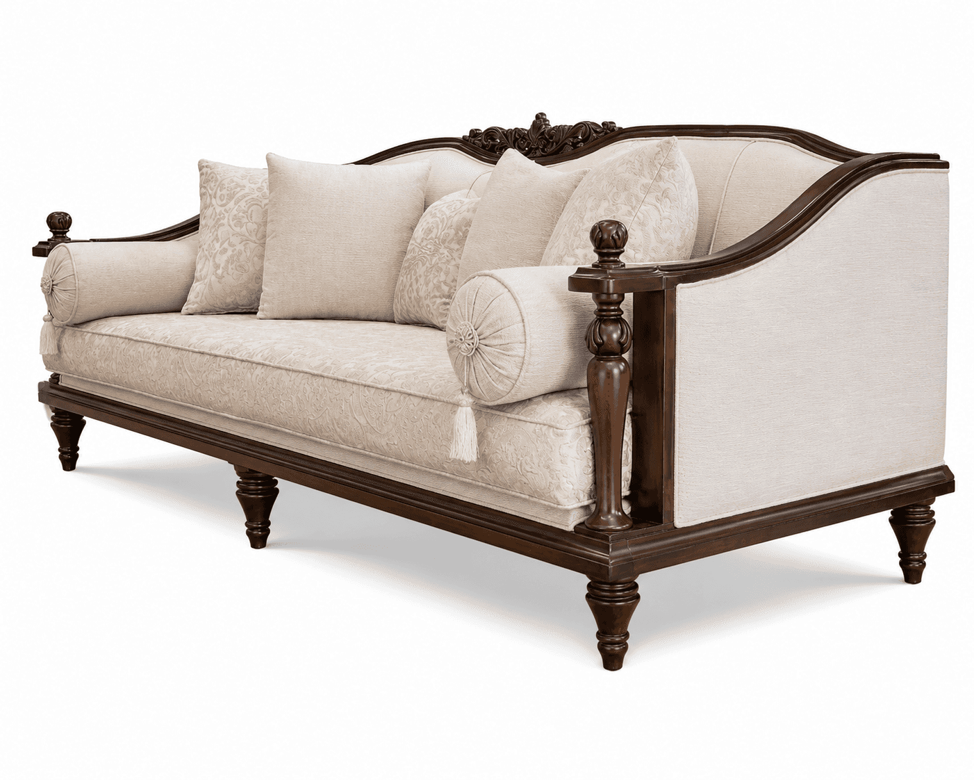 A traditional style sofa featuring a dark, elaborately carved exposed wooden frame and light-colored… — free OBJ 3D model