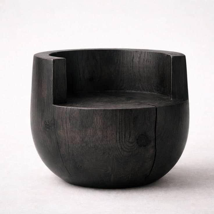 A low-profile, armless armchair with a rounded, barrel-like base and a carved-out seat and backrest.… — 3D model