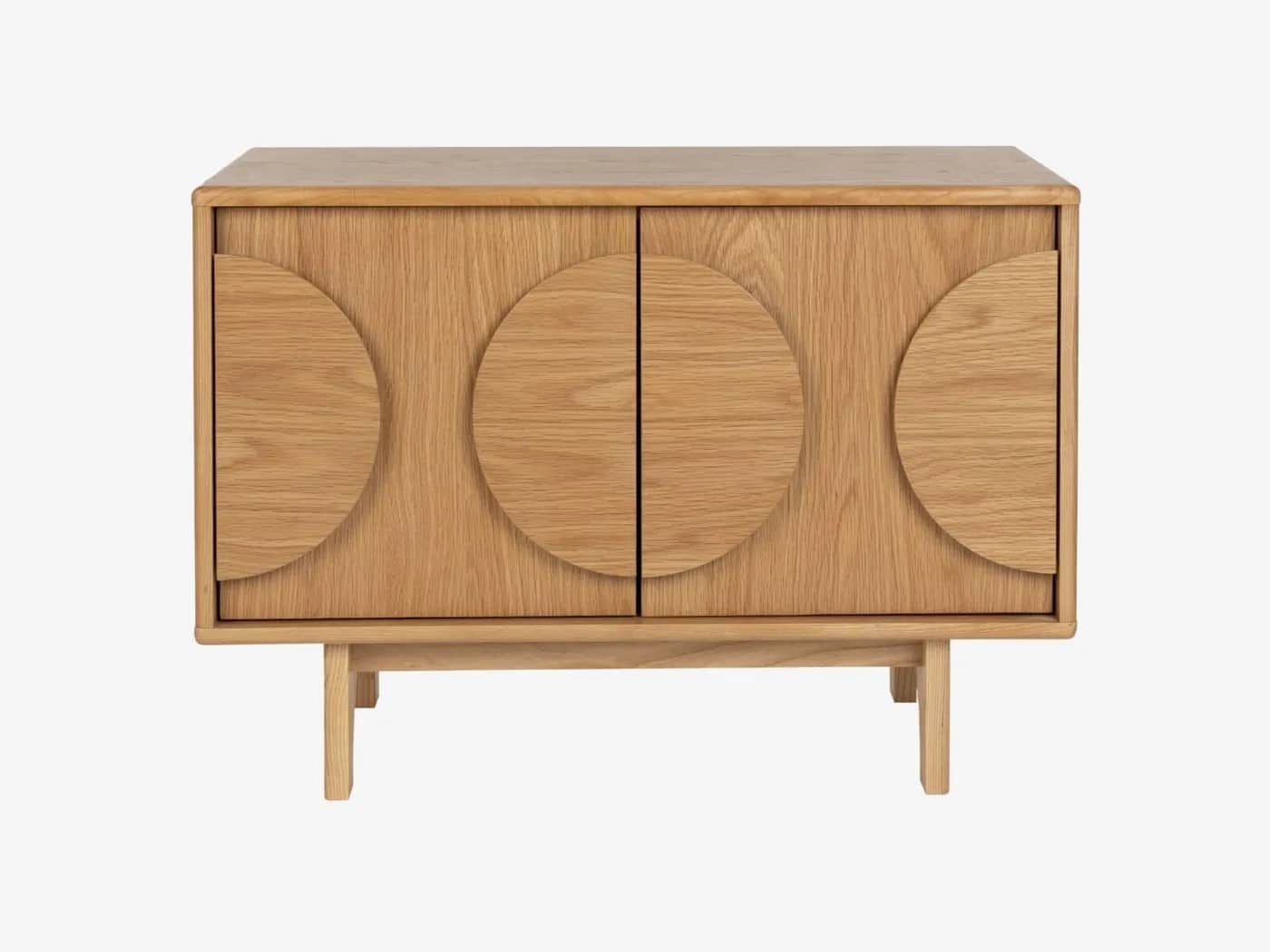 A modern storage cabinet constructed from light-colored oak wood, featuring two doors with distincti… — 3D model