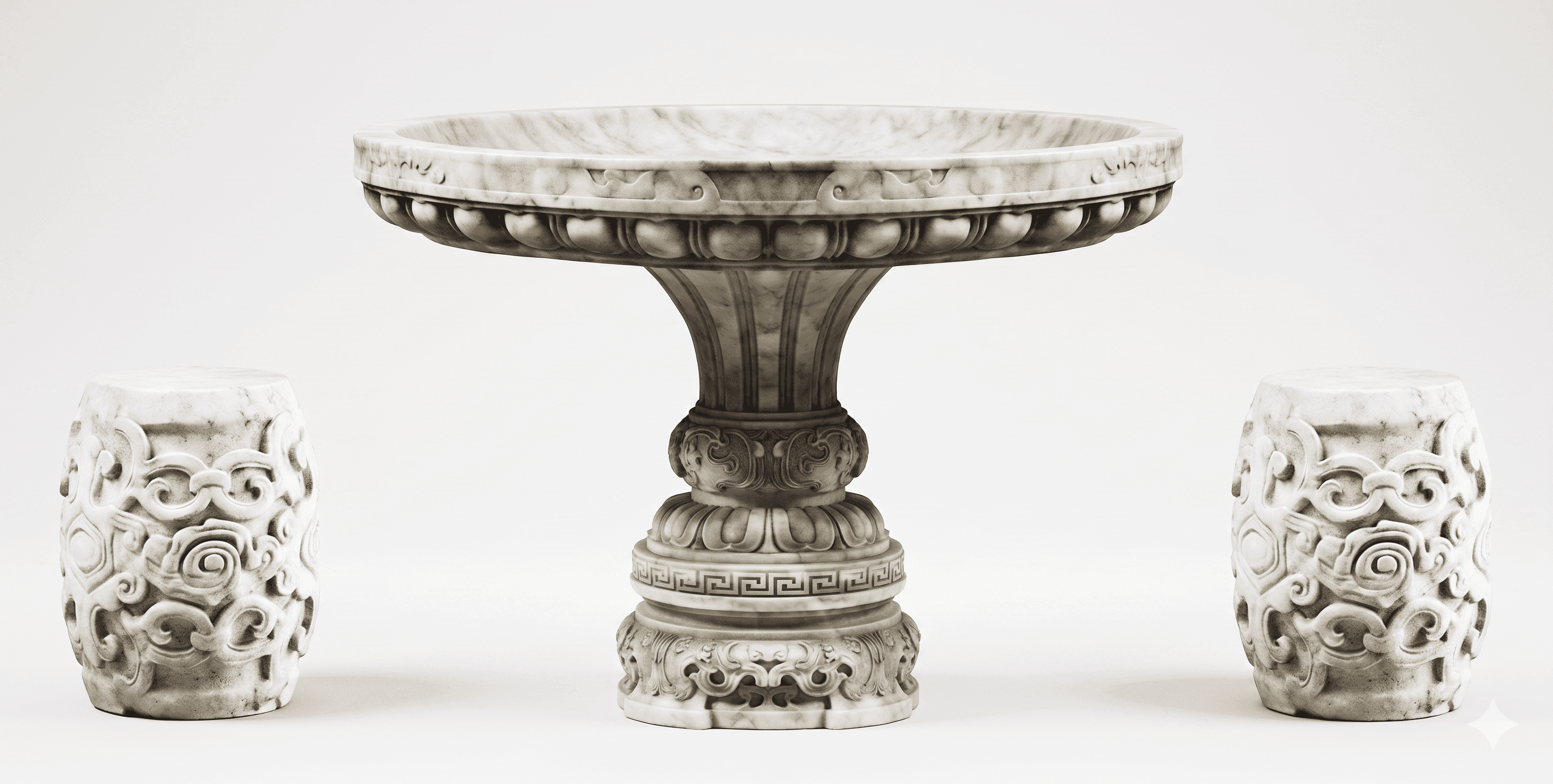 A marble pedestal table with ornate carvings, accompanied by two matching cylindrical stools or gard… — 3D model