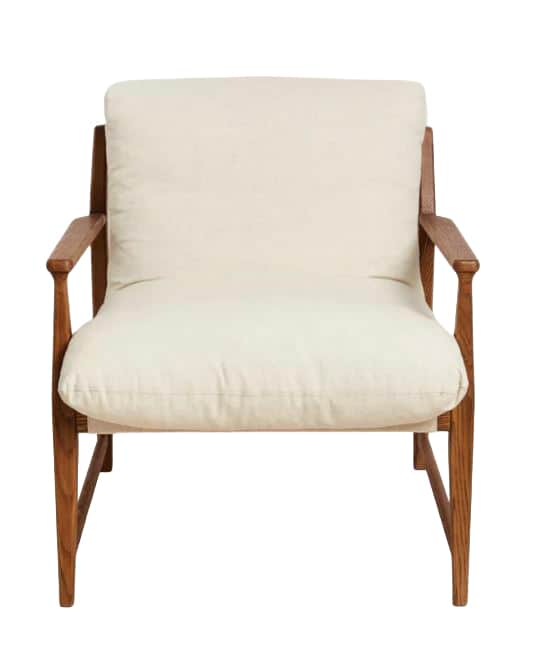 A wooden armchair with plush, off-white upholstered seat and back cushions. The frame and arms are c… — free GLTF 3D model