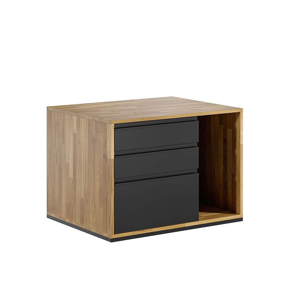 A compact, rectangular storage unit featuring a natural wood exterior and contrasting black drawer f… — 3D model