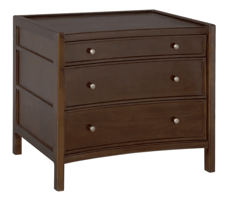 A dark brown wooden nightstand featuring three drawers with a subtle curved front, standing on four… — 3D model