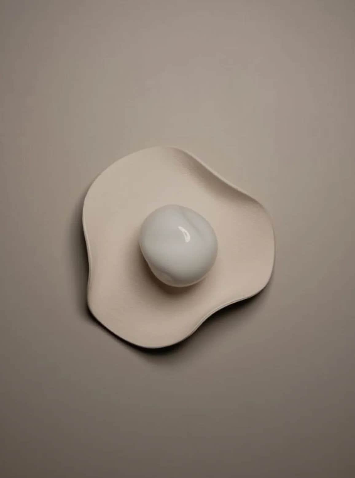 A modern wall sconce featuring an irregular, organic-shaped backplate in a matte cream or beige fini… — 3D model