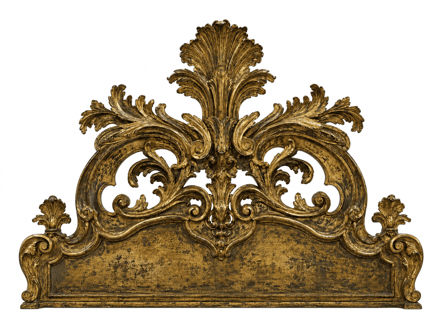 An ornate, gilded headboard featuring elaborate Rococo-style carvings, including scrolling acanthus… — 3D model
