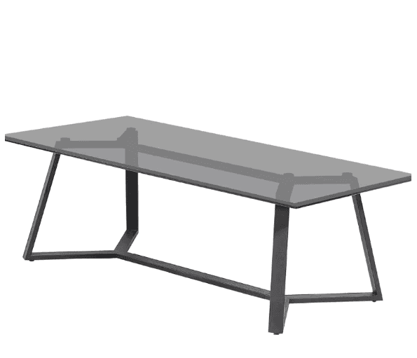 A modern rectangular coffee table featuring a clear gray glass top and a dark, angular metal base. T… — free GLTF 3D model