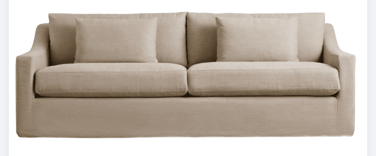 A contemporary three-seat sofa, upholstered in a light beige fabric, featuring a clean, tailored des… — free GLTF 3D model