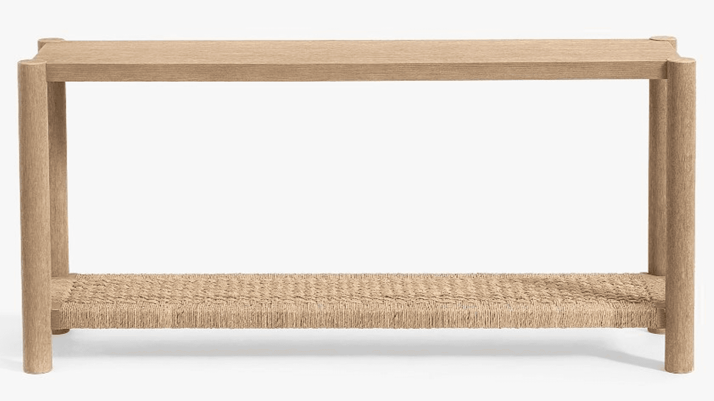 A long, narrow console table constructed from light-toned wood, featuring a rectangular top surface… — 3D model