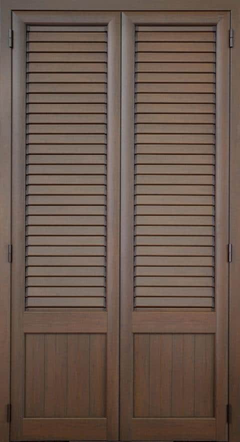 A pair of wooden louvred doors with a rich brown finish. Each door is divided into two sections: the… — 3D model