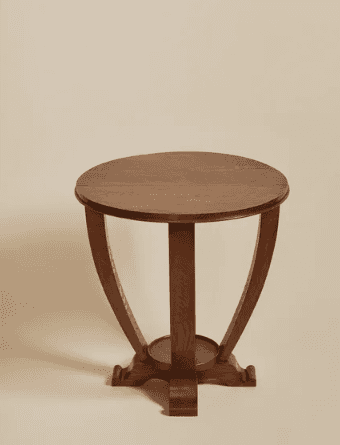 A round-topped wooden side table with a distinctive base featuring four curved legs that taper upwar… — 3D model