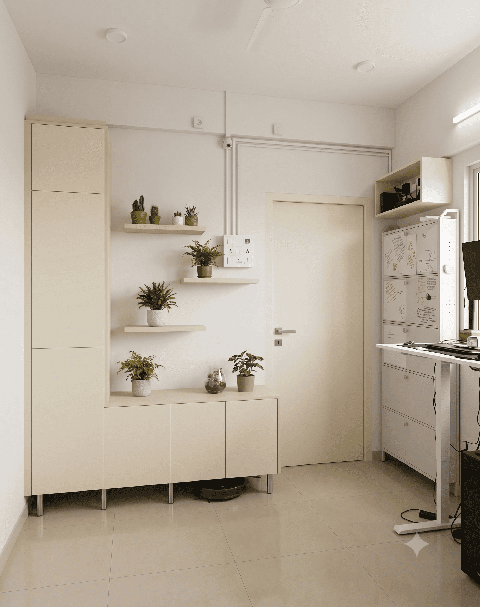 A modern, asymmetrical storage unit featuring a tall cabinet, a lower base cabinet, and integrated f… — 3D model