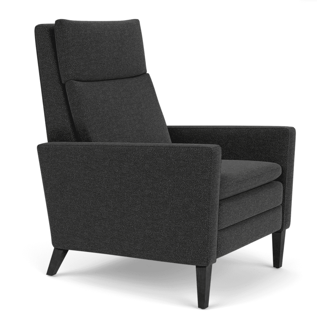 A contemporary high-back lounge chair upholstered in a dark gray, textured fabric. The chair feature… — 3D model