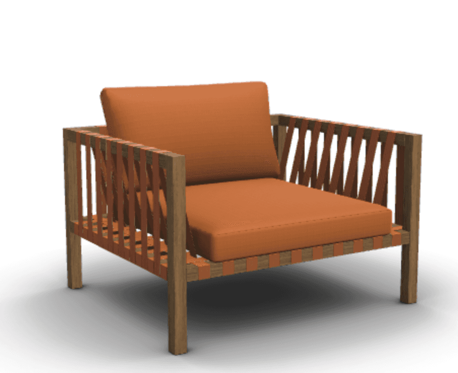 A modern lounge chair featuring a sturdy light-colored wooden frame with an open design. The back an… — 3D model