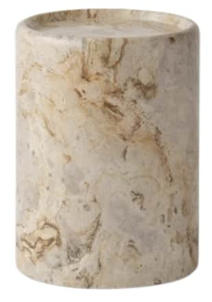 A cylindrical pedestal table crafted entirely from natural marble, featuring a solid, monolithic for… — 3D model