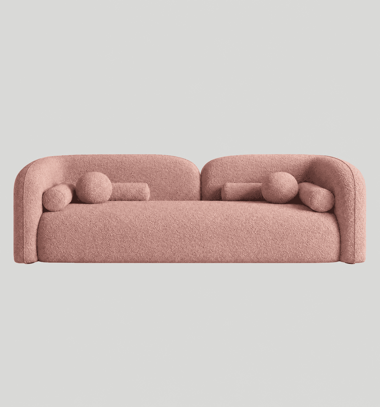 A contemporary, three-seater sofa characterized by its curvilinear form and plush bouclé upholstery.… — 3D model