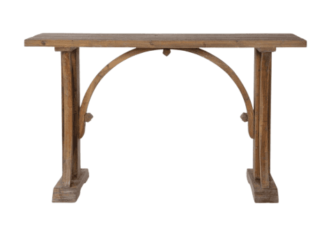 A narrow console table with a rectangular wooden top supported by two robust wooden legs. The legs a… — 3D model