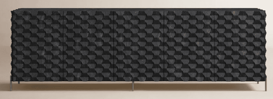 A dark-colored credenza with a highly textured geometric pattern on its front panels, supported by s… — 3D model