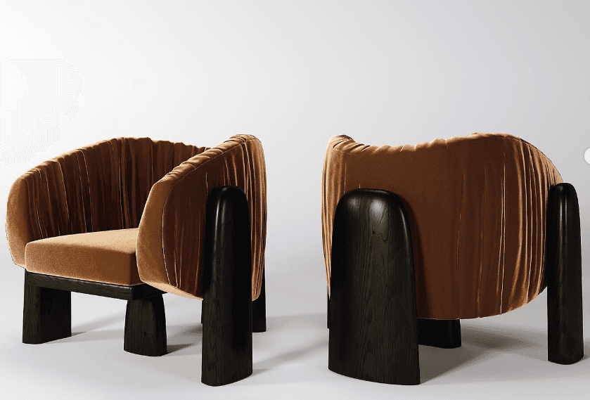 An upholstered lounge chair featuring a barrel-back design, covered in pleated burnt orange velvet,… — free OBJ 3D model