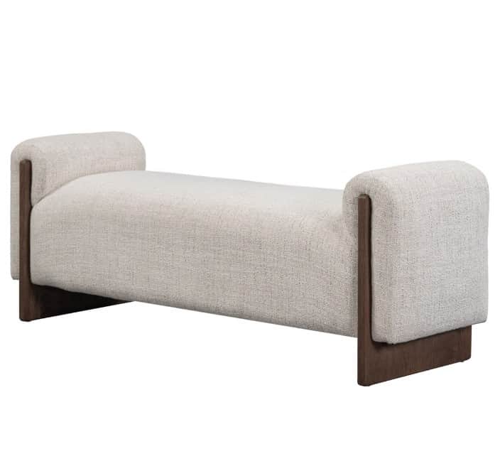 An off-white upholstered bench featuring a rectangular seat with rounded, roll-like ends supported b… — 3D model