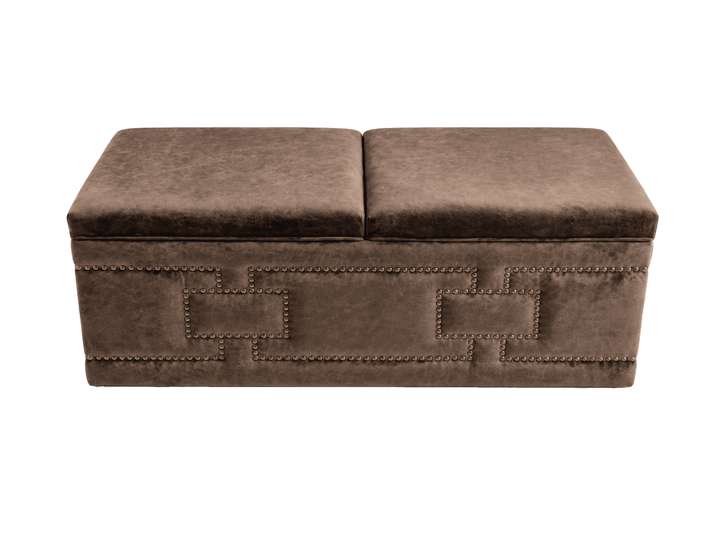 A rectangular, upholstered storage bench in a distressed brown faux leather or suede-like fabric. It… — 3D model