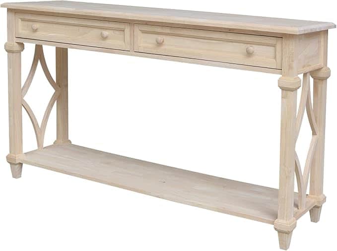 A slender console table crafted from unfinished, light-toned wood. It features a long rectangular to… — 3D model