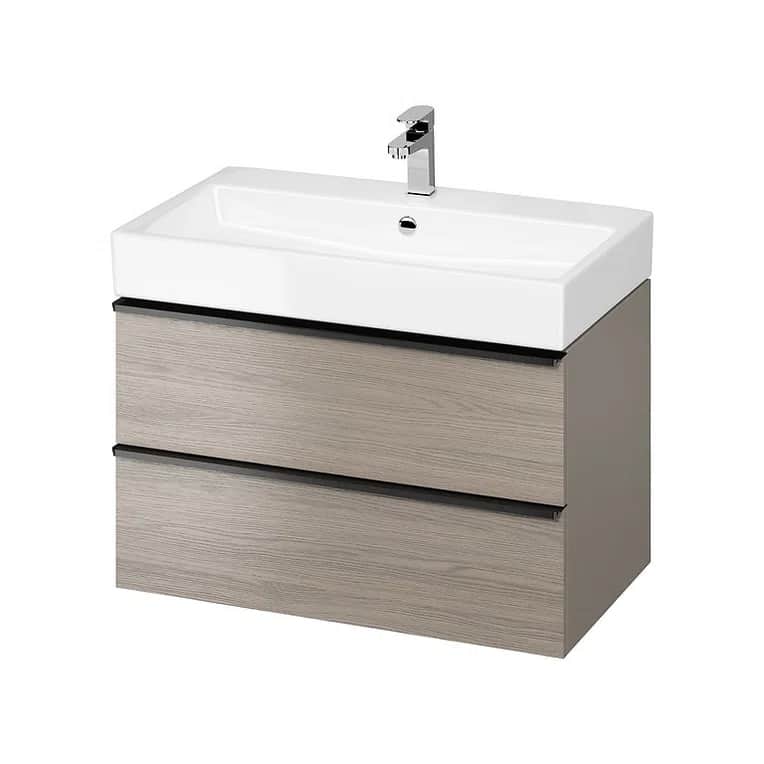 A modern vanity unit with a rectangular white ceramic sink integrated into a countertop. The unit fe… — free OBJ 3D model