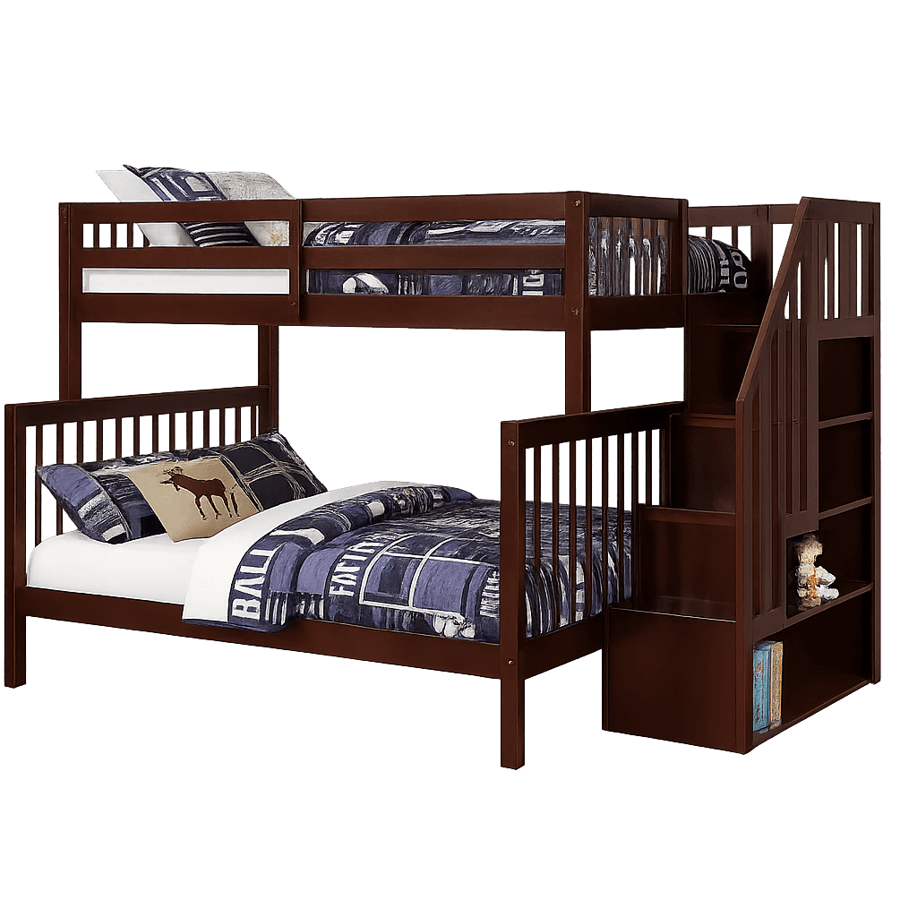 A wooden bunk bed with a dark brown finish. The lower bed is a full-size bed, and the upper bed is a… — 3D model