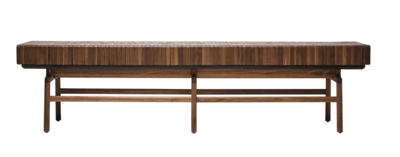 A long, rectangular bench with a distinctive top made of numerous vertical wood slats arranged close… — free BLEND 3D model