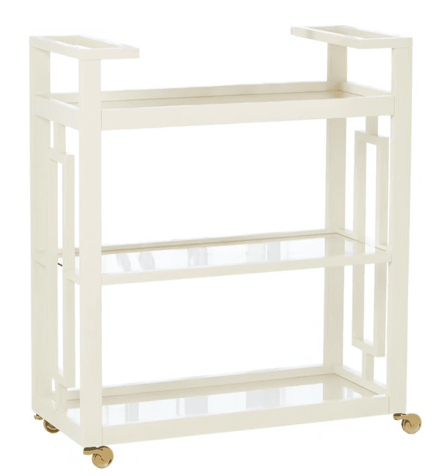 A modern three-tier bar cart featuring a cream-colored metal frame with geometric Art Deco-inspired… — 3D model