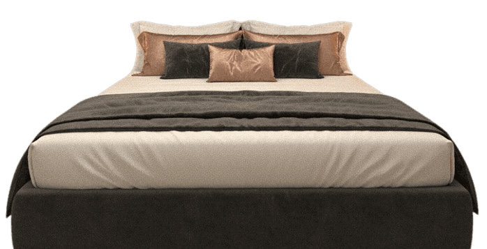 A modern platform bed featuring a low-profile upholstered frame in a dark color, complete with a mat… — free BLEND 3D model
