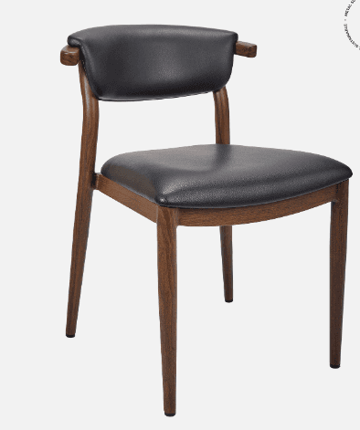 A modern dining armchair featuring a dark wood frame with a black faux leather upholstered seat and… — 3D model