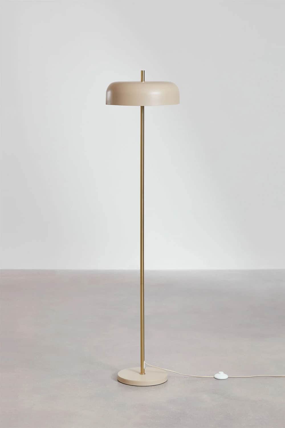 A modern floor lamp with a disc-shaped shade atop a slender, straight pole. The lamp stands on a cir… — 3D model
