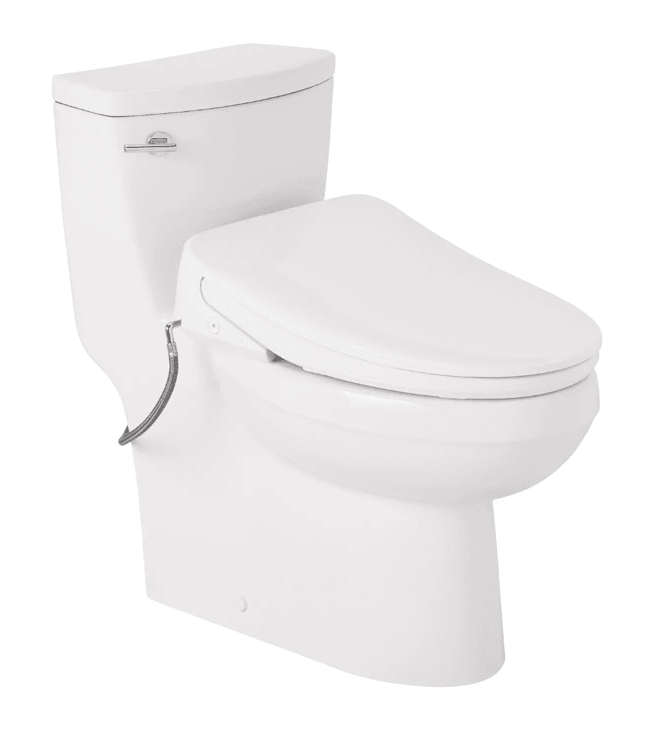 A modern, white, two-piece toilet with an integrated bidet seat. The toilet features a sleek, tank-s… — 3D model