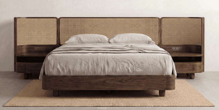 A modern platform bed featuring a dark wood frame with rounded edges and a prominent headboard const… — 3D model