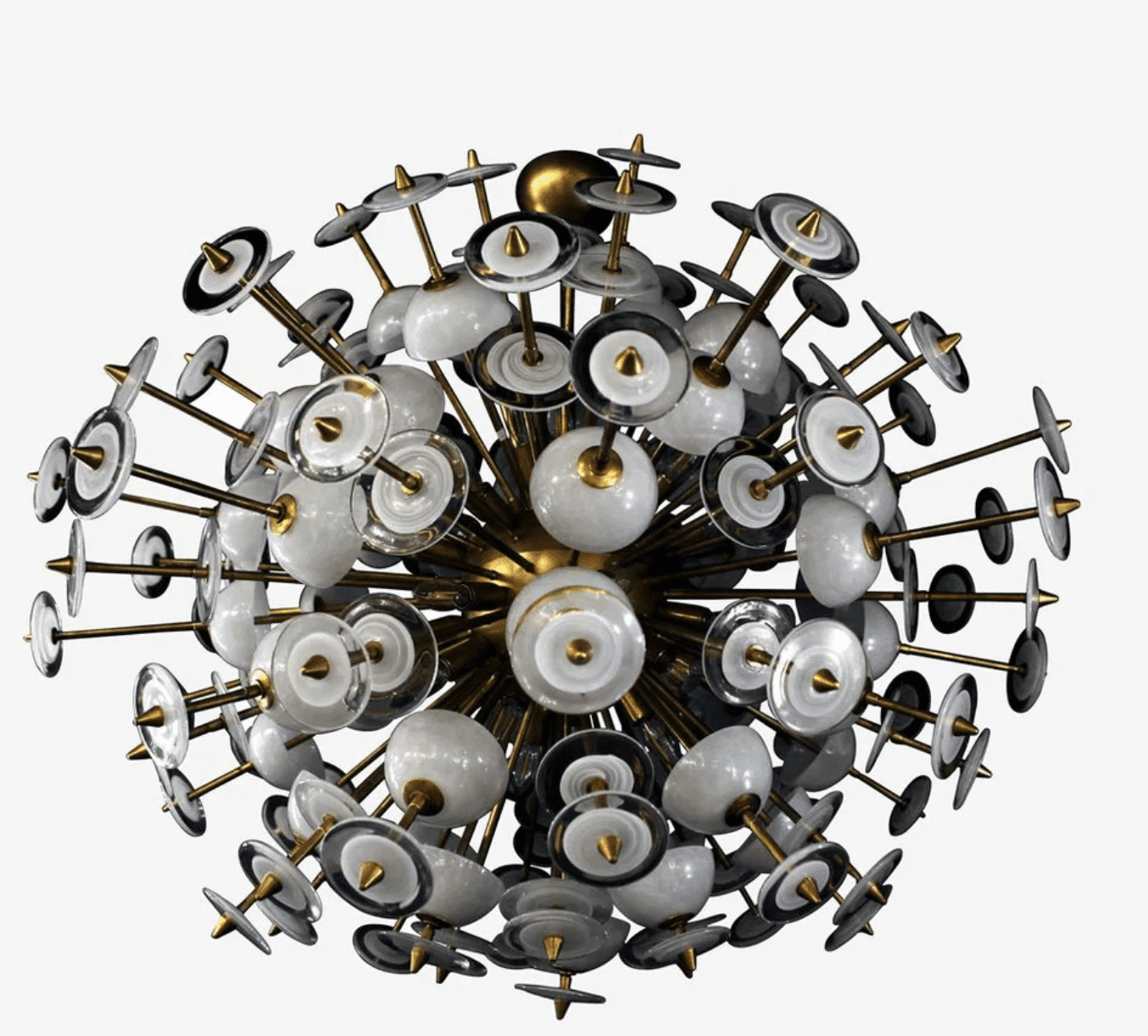 A spherical chandelier with numerous arms radiating outwards, each supporting a decorative element.… — 3D model