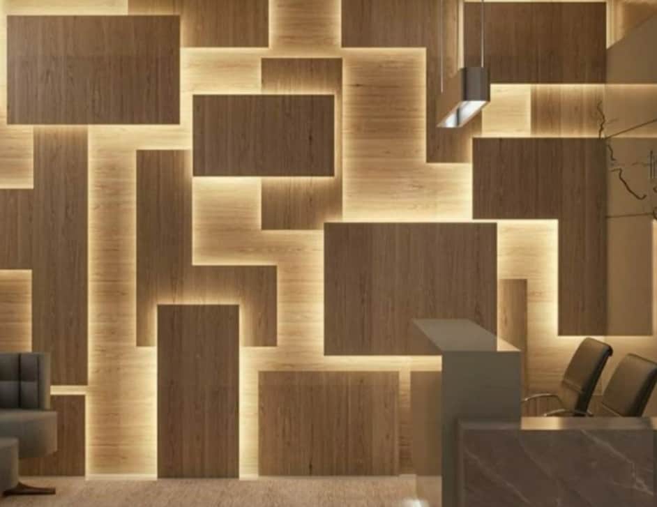 A rectangular, wall-mounted decorative panel crafted from light-toned wood, featuring an abstract ge… — 3D model