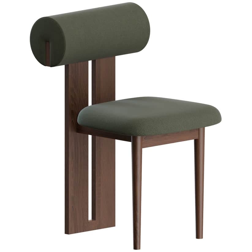 A modern dining chair featuring a dark walnut-toned wooden frame, a dark green upholstered seat, and… — 3D model