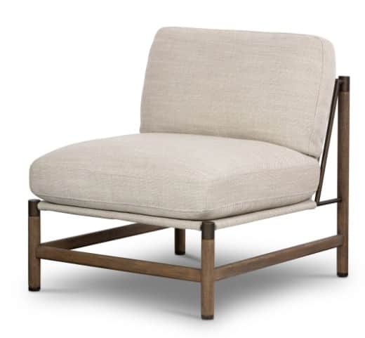 An armless lounge chair featuring a minimalist design with a visible wooden frame and light-colored… — 3D model