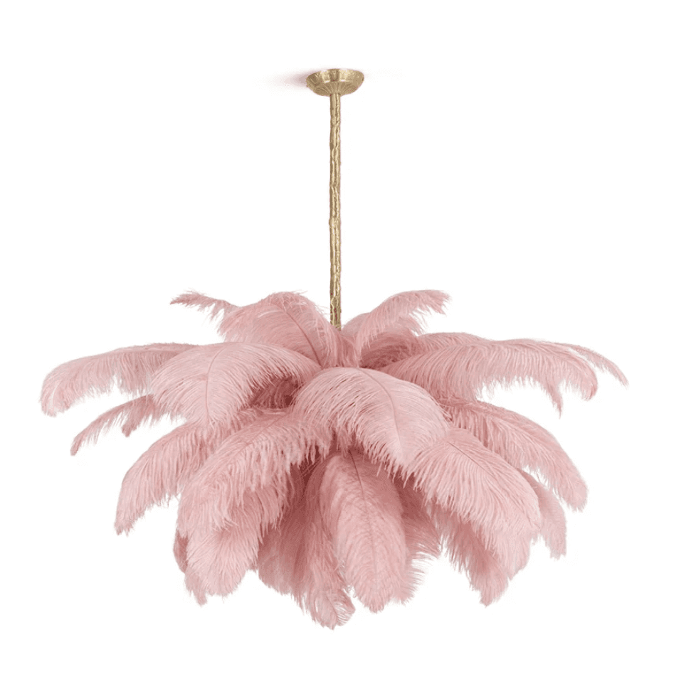 A modern decorative ceiling light fixture featuring numerous soft pink ostrich feathers arranged aro… — free GLTF 3D model