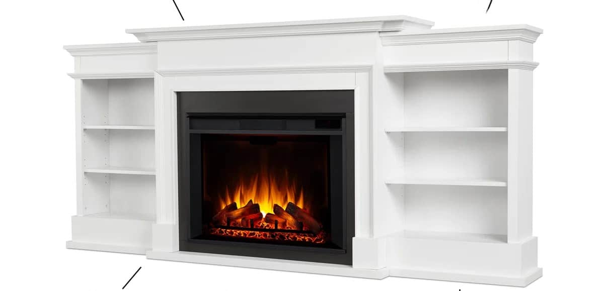A freestanding electric fireplace console featuring a clean white finish, designed with a central el… — 3D model
