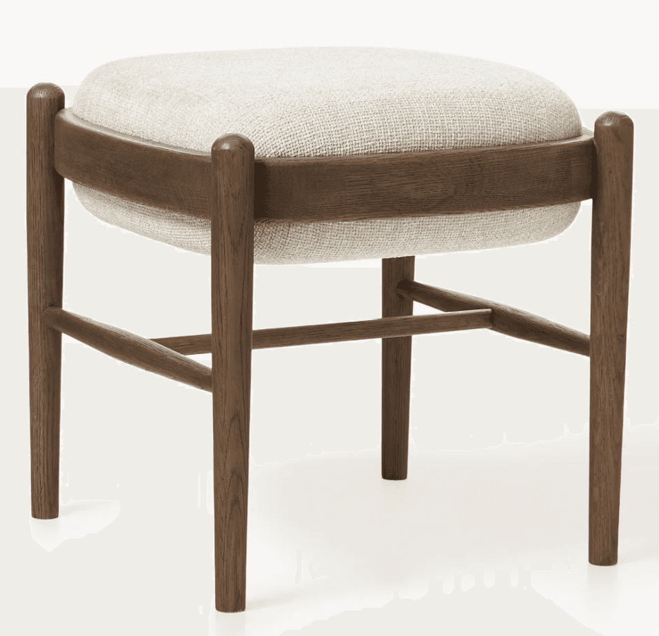 A square, upholstered ottoman featuring a solid wood frame with a dark finish and a light-colored, t… — 3D model